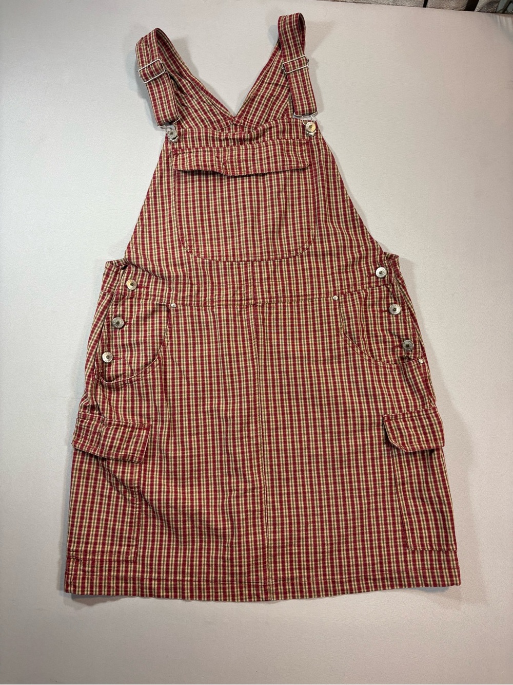 Xhilaration Red and Olive Plaid Denim Overall Cargo Dress